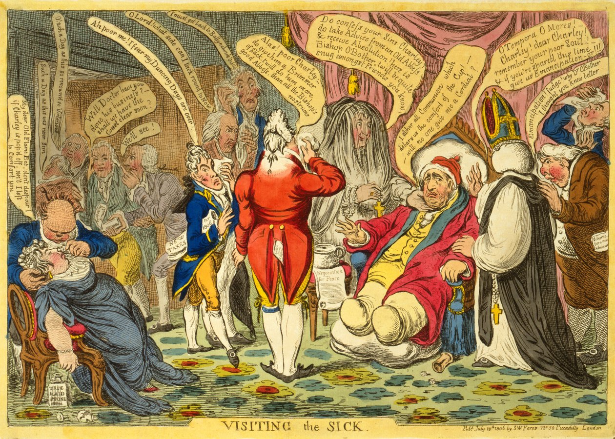 Visitando o doente, pub. 18 de julho de 1806 (gravura colorida à mão) de James Gillray
