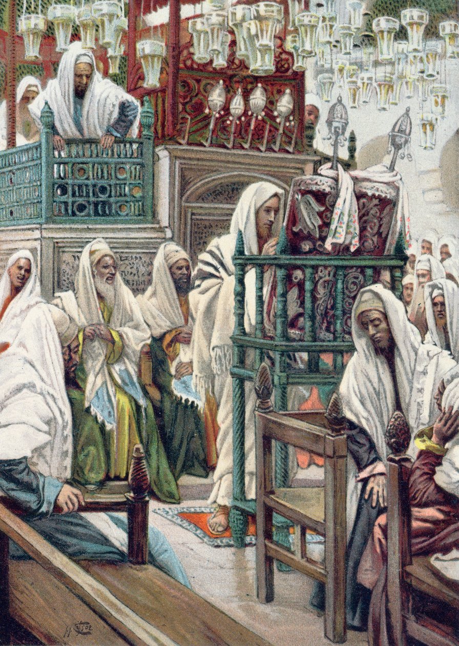 Jesus desenrola o livro na sinagoga, ilustração para "La Vie de notre Seigneur Jesus Cristo", publicado em Tours 1896 de James Jacques Joseph Tissot