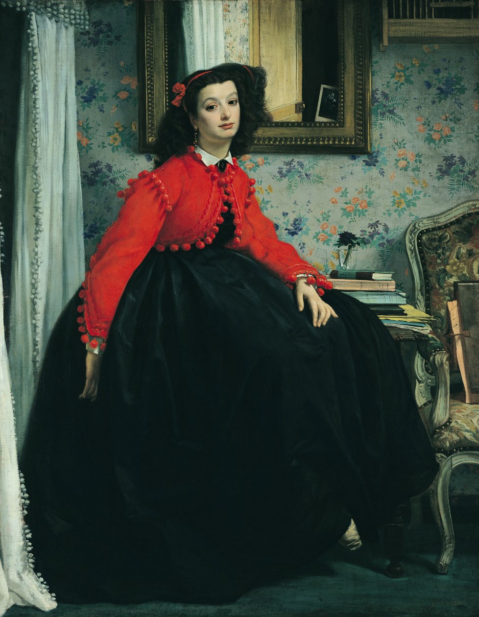 Retrato de Mlle. LL (jovem senhora em um casaco vermelho) 1864 de James Jacques Joseph Tissot