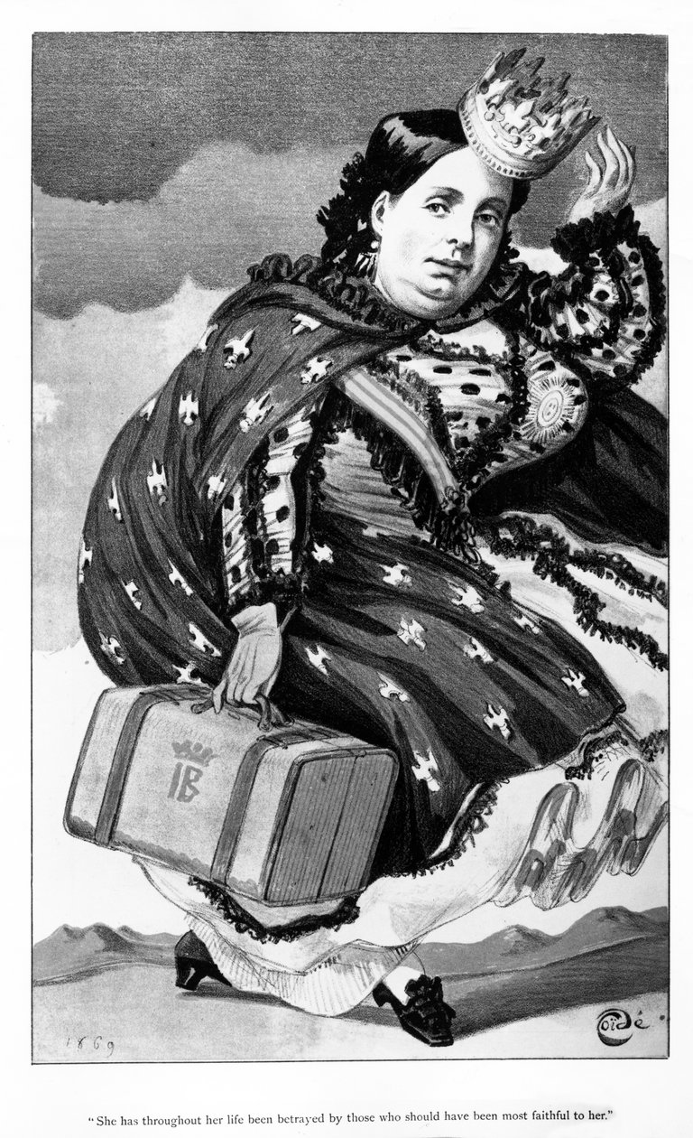 Rainha Isabella II de Espanha, caricatura publicada na revista &39;Vanity Fair&39;, 18 de setembro de 1869 de James Jacques Joseph Tissot