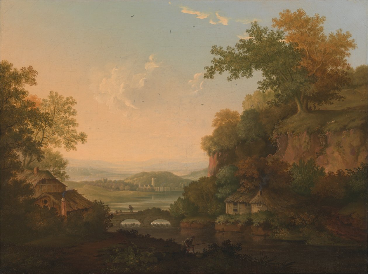 Uma cena do rio com cabanas de colmo por uma ponte sobre um açude de James Lambert  of Lewes