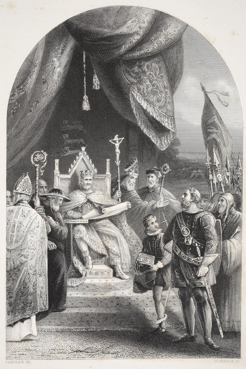 Rei João selando Magna Carta, gravado por W. French de James Lonsdale