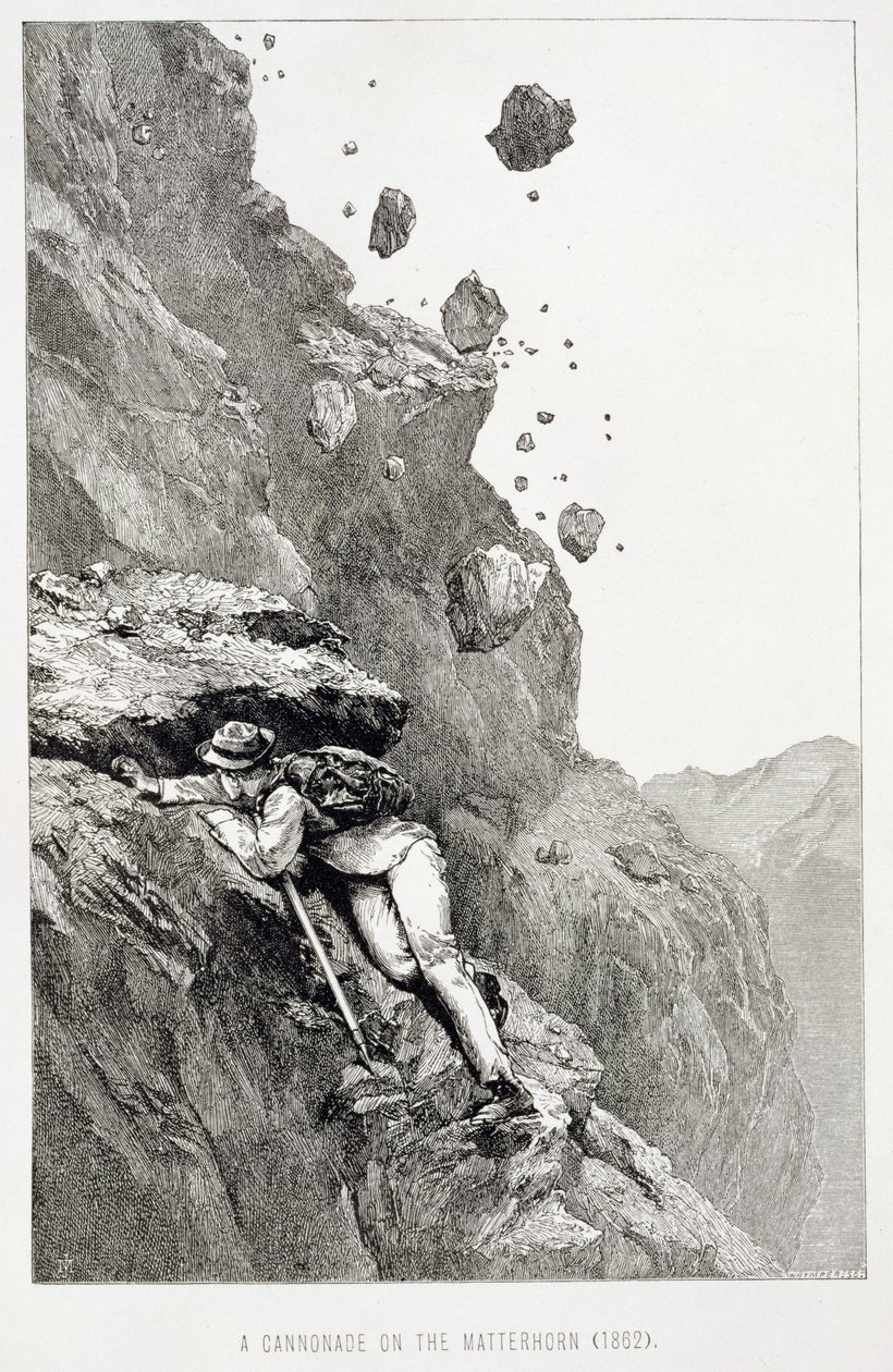 Uma canhonada no Matterhorn, 1862, de "The Ascent of the Matterhorn" gravada por Edward Whymper (1840-1911), publicada em 1860-80 de James Mahoney