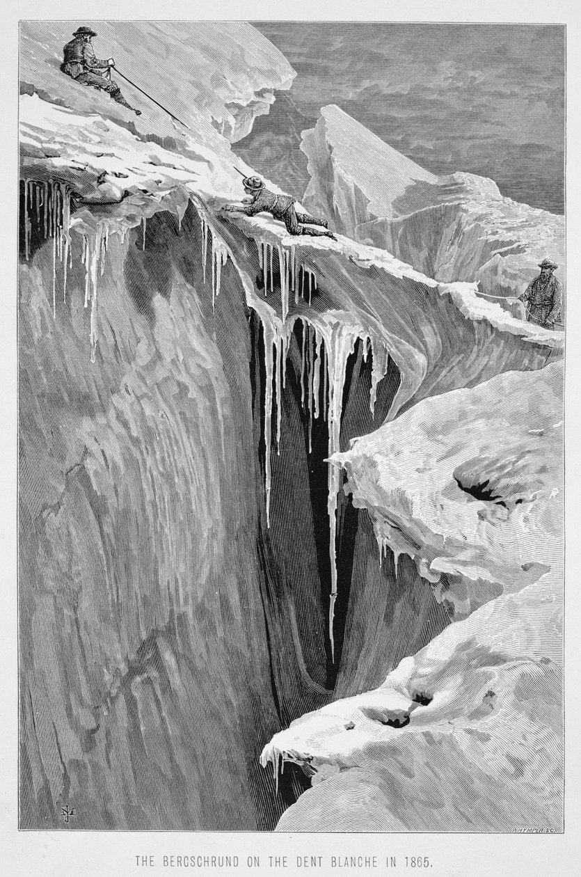 O Bergschrund sobre a Dent Blanche em 1865, de "The Ascent of the Matterhorn" gravado por Edward Whymper (1840-1911), publicado em 1860-80 de James Mahoney
