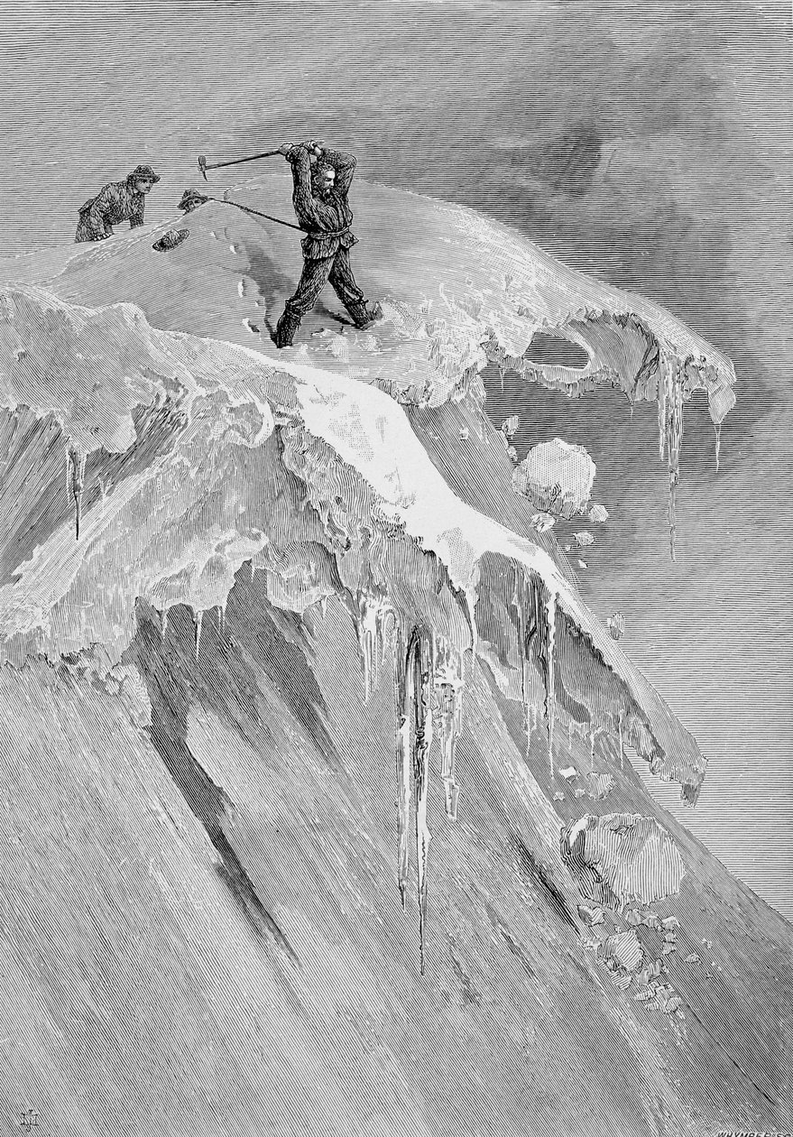 A Cimeira do Passo Moming em 1864, da "Ascensão do Matterhorn" gravada por Edward Whymper (1840-1911), publicada em 1860-80 de James Mahoney