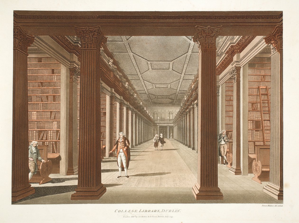 Biblioteca da faculdade, Dublin, 1793 (gravura colorida à mão) de James Malton