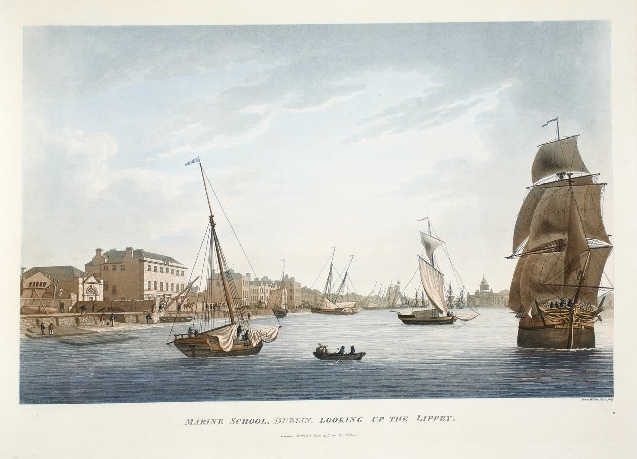 Escola Marinha, Dublin, olhando para o Liffey, 1796 (gravura colorida à mão) de James Malton