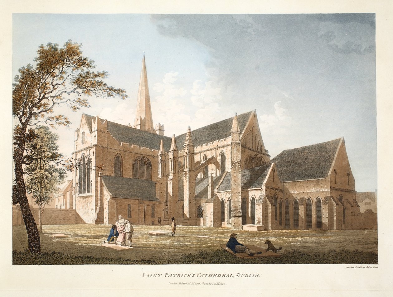 Catedral de São Patrício, Dublin, 1793 (gravura colorida à mão) de James Malton
