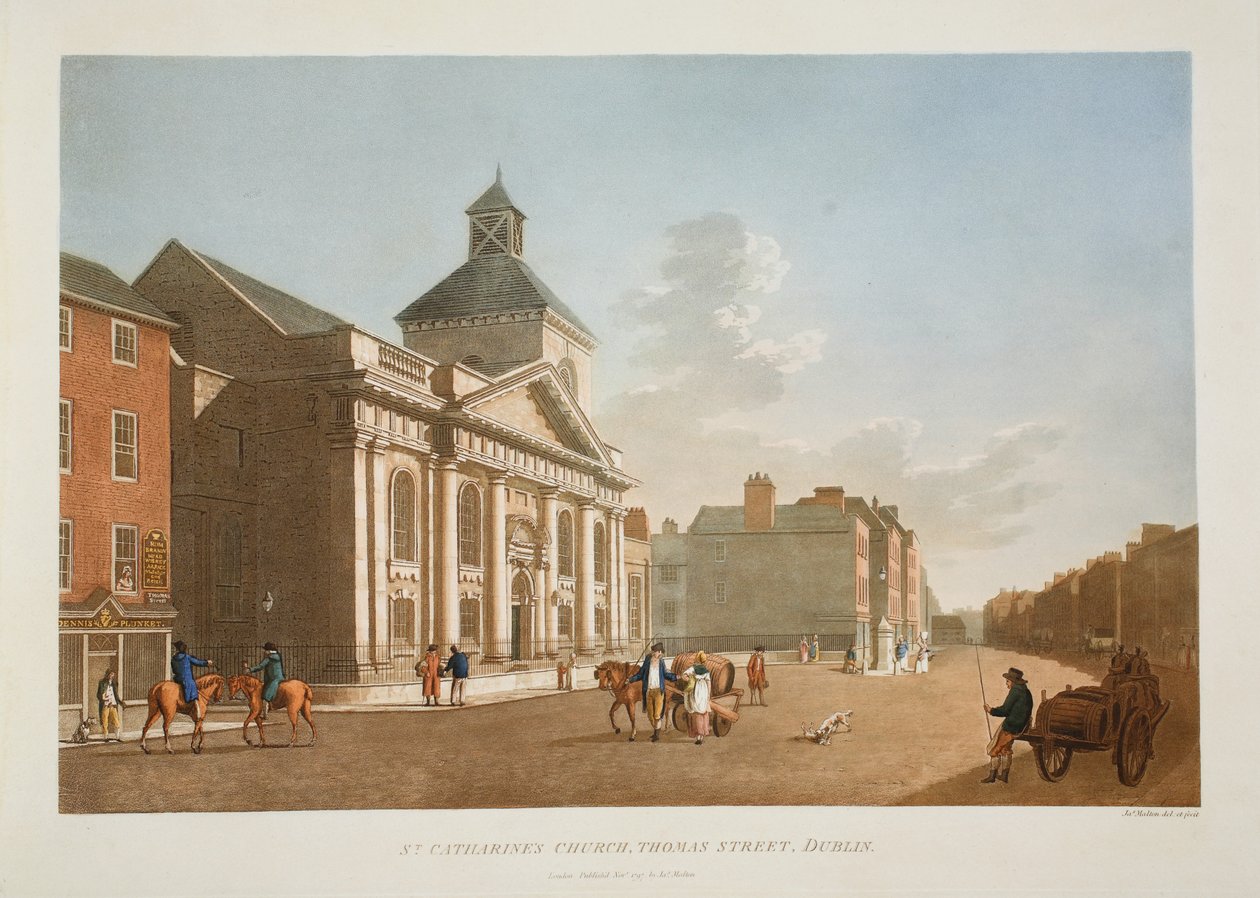 Igreja de St. Catharine, Thomas Street, Dublin, 1797 (gravura colorida à mão) de James Malton
