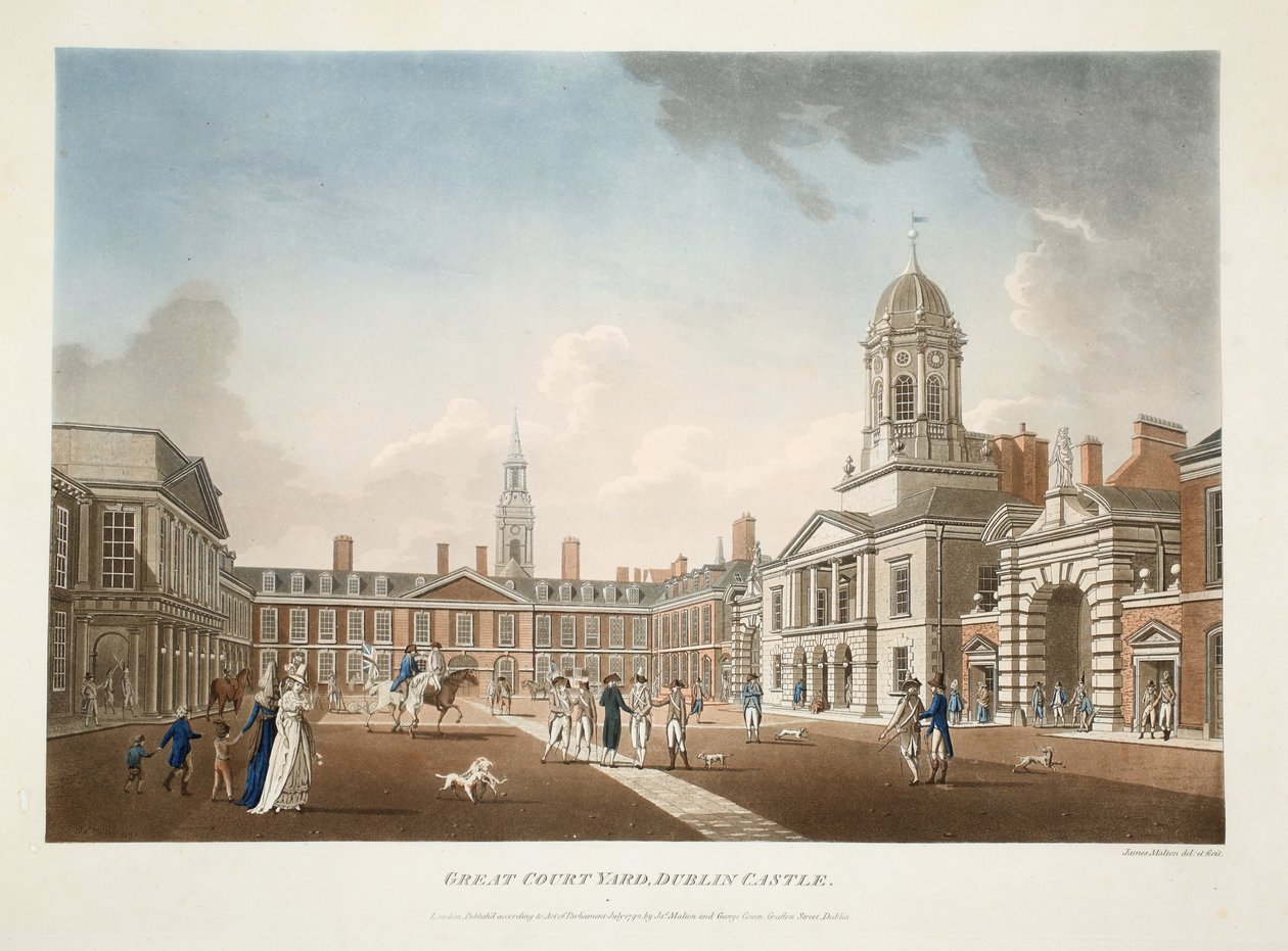 The Great Court Yard, Castelo de Dublin, 1792 (gravura colorida à mão) de James Malton