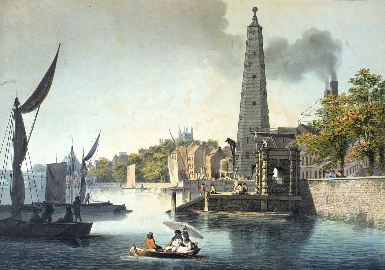 O rio Tâmisa que olha para Westminster com York Water Gate e o York Building Water Works (wc no papel (wove)) de James Malton