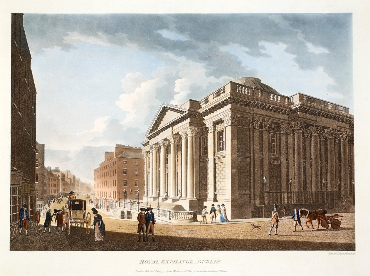 The Royal Exchange, Dublin, 1792 (gravura colorida à mão) de James Malton