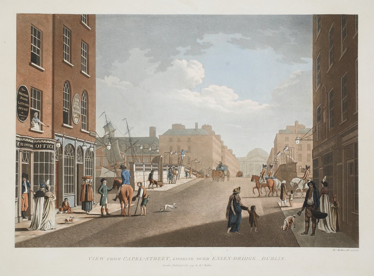 Vista da Capel-Street, olhando por cima de Essex-Bridge, Dublin, 1797 (gravura colorida à mão) de James Malton
