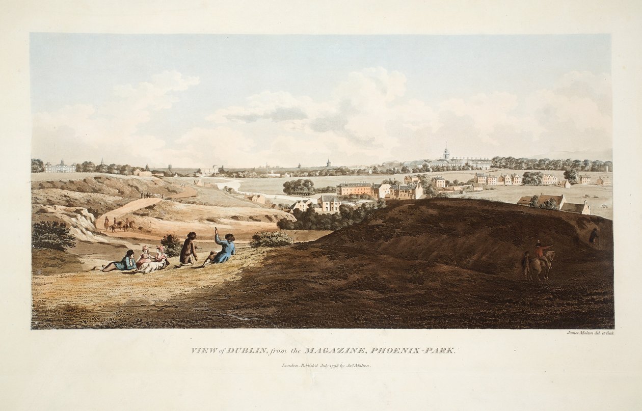 Vista de Dublin da revista, Phoenix Park, 1795 (gravura colorida à mão) de James Malton
