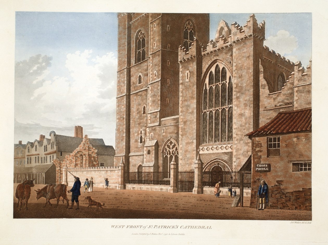 Frente Oeste da Catedral de São Patrício, Dublin, 1793 (gravura colorida à mão) de James Malton