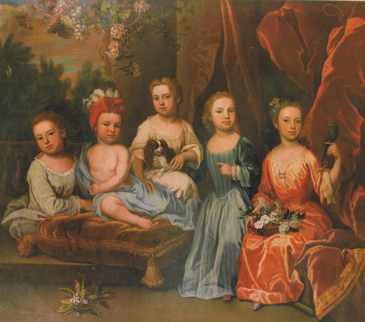Um grupo de retrato das crianças Smith em um terraço com um spaniel, cesta de flores e um periquito de James Maubert