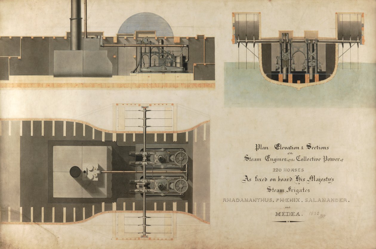 Um motor a vapor marítimo, 1832 (caneta e tinta sobre papel) de James Hall Nasmyth