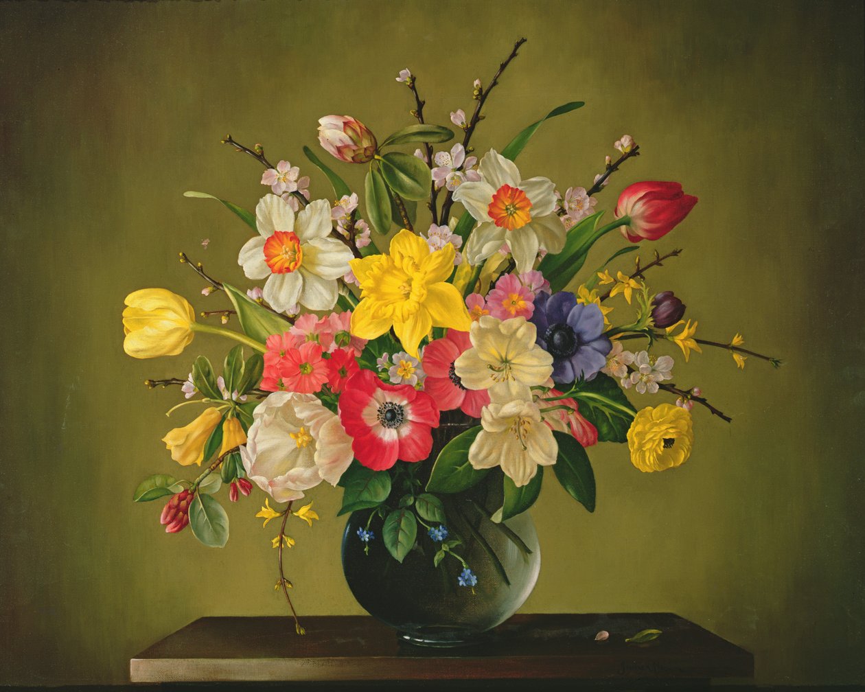 Narcisos, Anêmonas, Tulipas, Forsítia, Rododendro e Flor de Maçã em Vaso de Vidro de James Noble