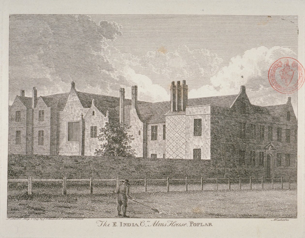 Vista do East India Company Almshouses em Poplar, 1799 de James Peller Malcolm