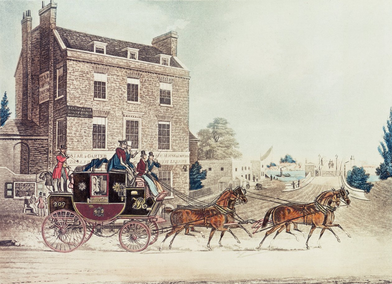 Quicksilver Royal Mail passando a estrela e a liga na ponte de Kew, 1835 de James Pollard