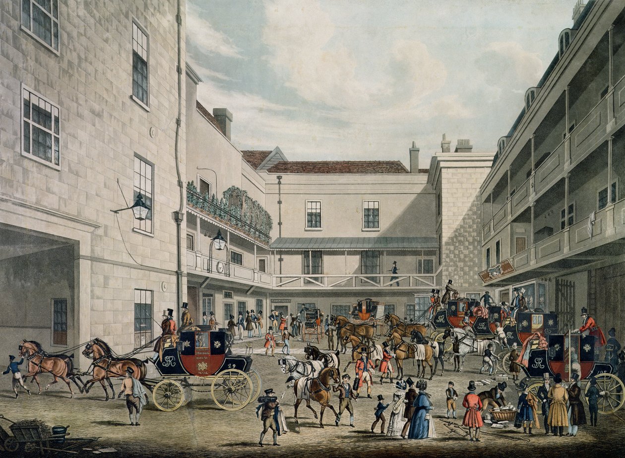 Royal Mail Coaches deixando o Swan com dois Necks Inn, Lad Lane, gravada por F. Rosenberg, 1831 de James Pollard