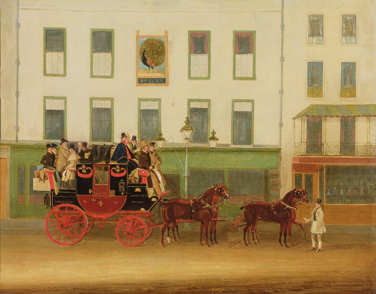 O treinador de palco de Londres-Manchester (&39;O Peveril do Pico&39;) do lado de fora do Peacock Inn, Islington de James Pollard