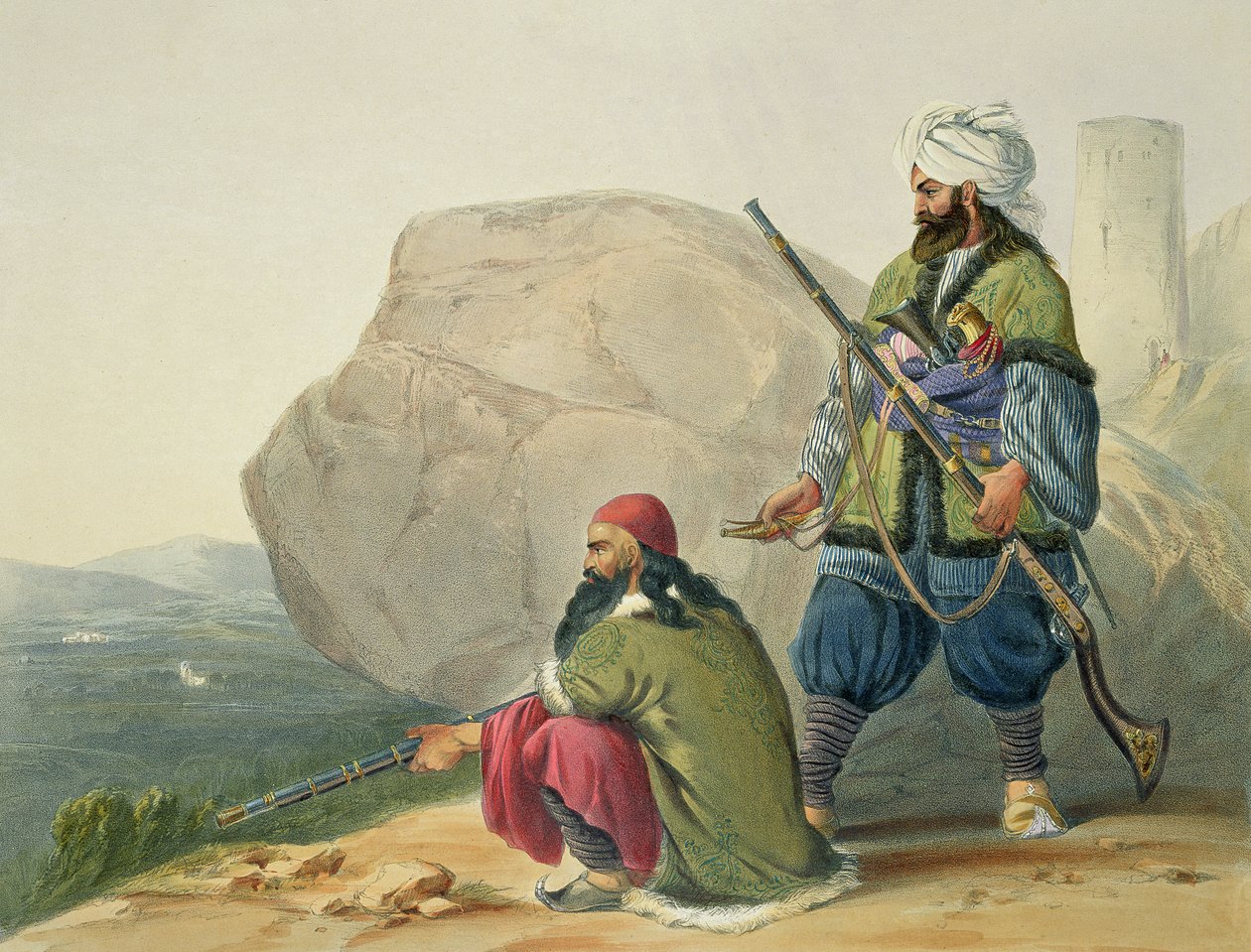 Afghaun pé soldados em seu vestido de inverno, com entrada para o vale de Urgundeh, placa 11 de &39;paisagem, habitantes e fantasias do Afeganistão&39;, gravada por Robert Carrick (c.1829-1904) 1848 (l de James Rattray