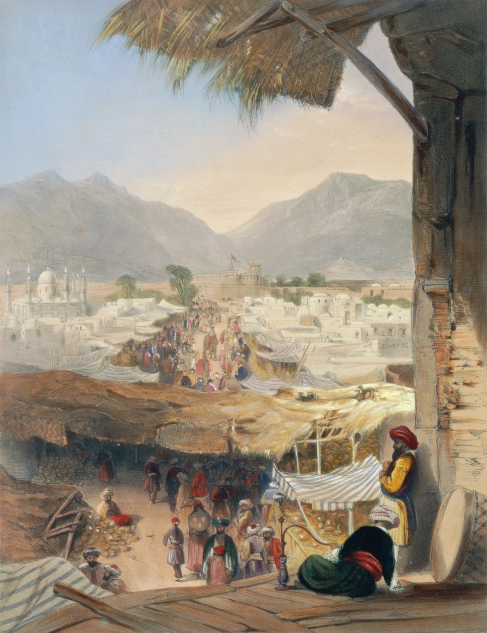 Cidade de Kandahar, seu principal bazar e cidadela, tirada da Nakarra Khauneh, ou Sala de Banda Real, prato 28 de "Cenários, habitantes e fantasias do Afeganistão", gravada por Robert Carrick (c. de James Rattray