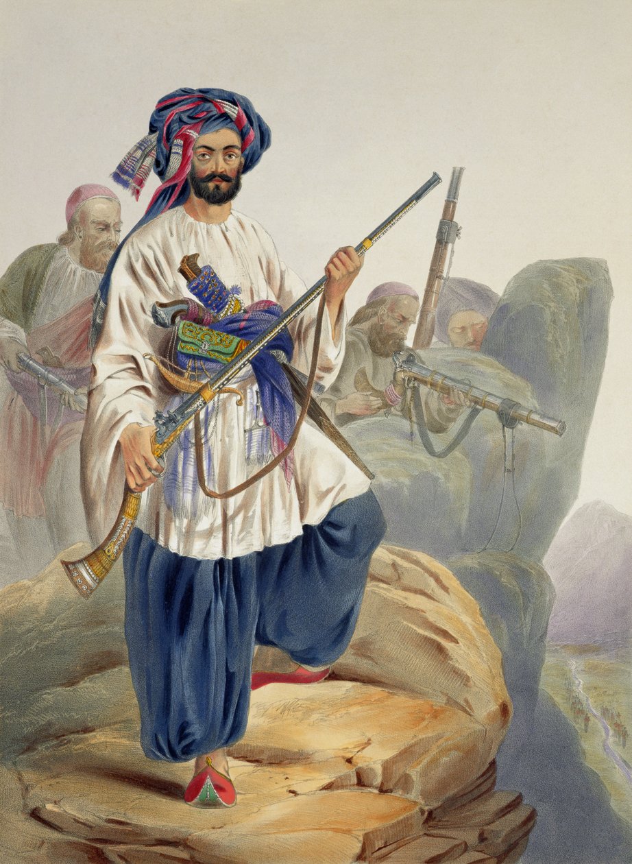 Ko-i-Staun soldado de pé em traje de verão, ativamente empregado entre as rochas, placa 12 de &39;Cenário, habitantes e fantasias do Afeganistão&39;, gravada por Robert Carrick (c.1829-1904) 1848 de James Rattray