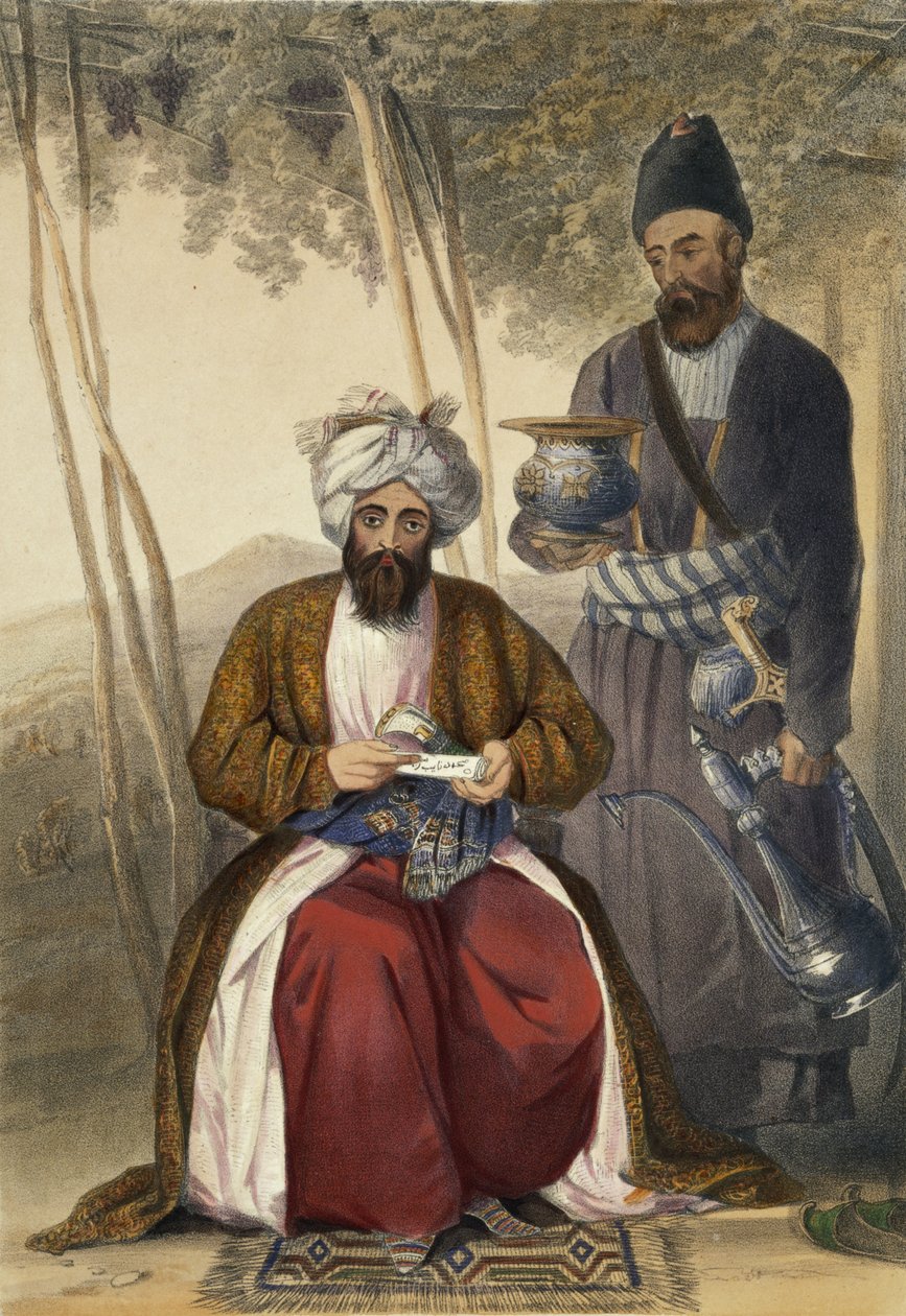 Mahommed Naib Shurreef, um célebre chefe Kuzzilbach de Caubul e seu Peshkhidmut ou assistente de cabeça, prato 15 de "Cenário, habitantes e fantasias do Afeganistão", gravado por Robert Carrick (c.1 de James Rattray