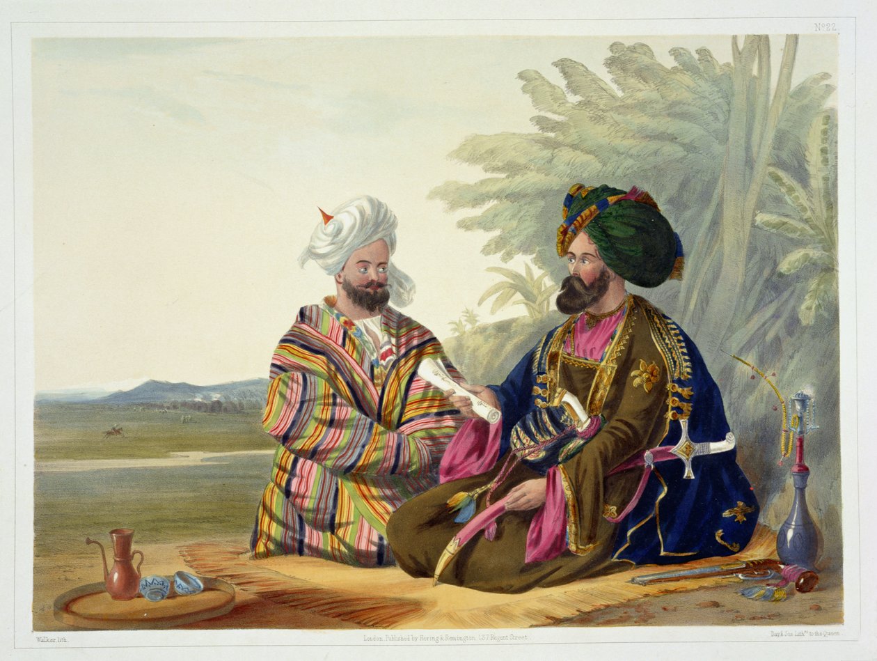 Meerz Fyze, um Oosbeg Elchee, ou embaixador, placa 22 de "Cenário, habitantes e fantasias do Afeganistão", gravada por E. Walker, 1848 de James Rattray