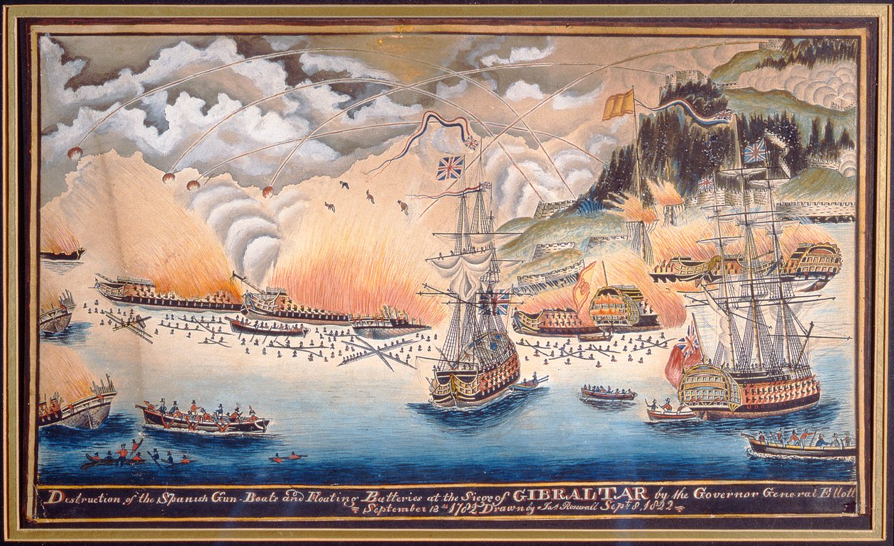 A destruição dos barcos de tiro espanhóis e baterias flutuantes no cerco de Gibraltar pelo governador-geral Eliott, 13 de setembro de 1782, 1822 (caneta e wc) de James Rosewall