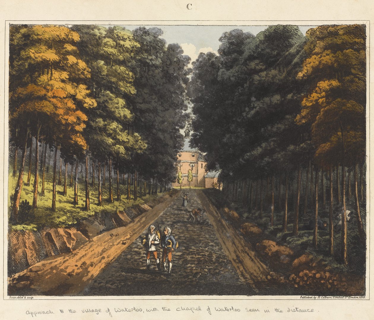 Abordagem para a aldeia de Waterloo, com a Capela de Waterloo visto à distância, de "Uma Relato Histórico da Batalha de Waterloo", 1817 (colorido aquatint) de James Rouse