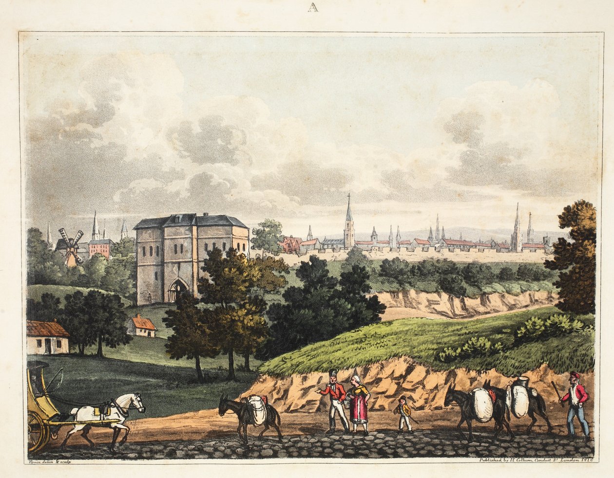 A cidade de Bruxelas, a partir da entrada do Foret de Soigne, com a barreira, pub H. Colburn, 1816 de James Rouse