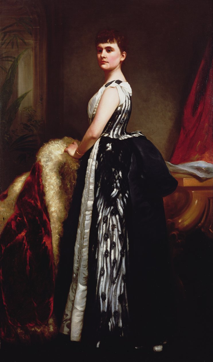 Retrato, de, um, mulher jovem, desgastar, um, vestido listrado, e, ficar, em, um, interior de James Sant