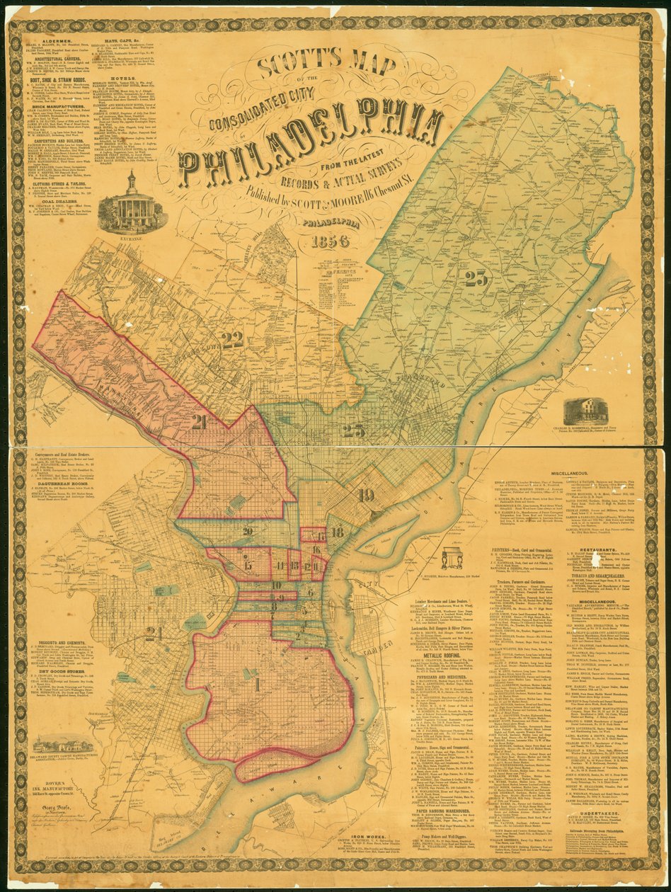 Scotts Mapa da Cidade Consolidada da Filadélfia, 1856 (gravura colorida à mão) de James F. Scott