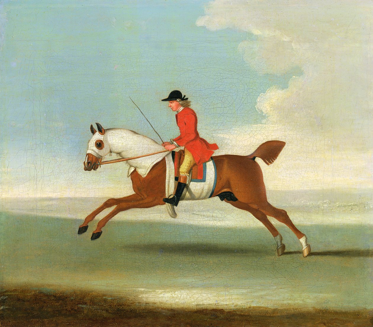 Cavalo de corrida de galope e jóquei montado em vermelho de James Seymour