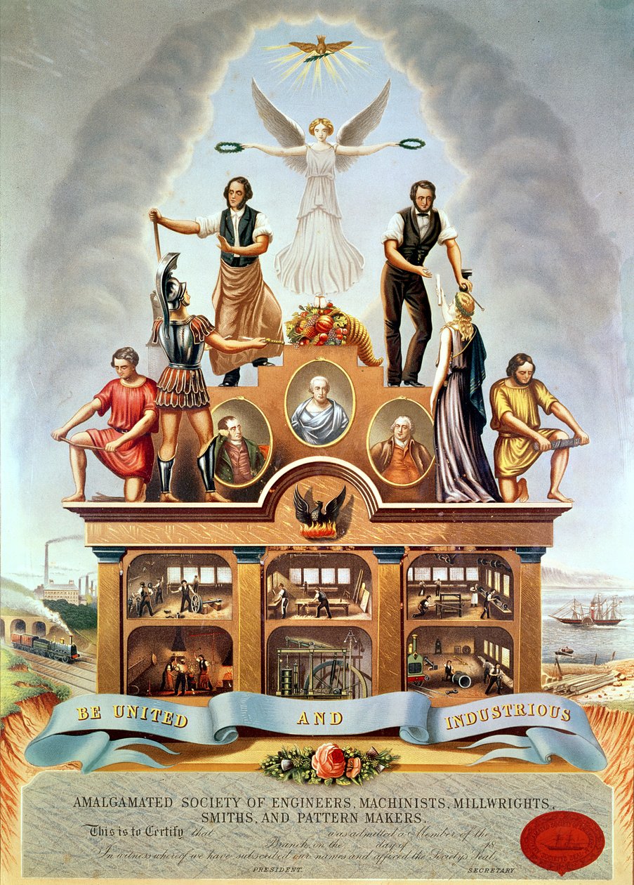 Emblema comercial da sociedade amalgamada de engenheiros, maquinistas, millwrights, Smiths e Pattern Makers, gravada por George Greatbach, 1852 de James Sharples