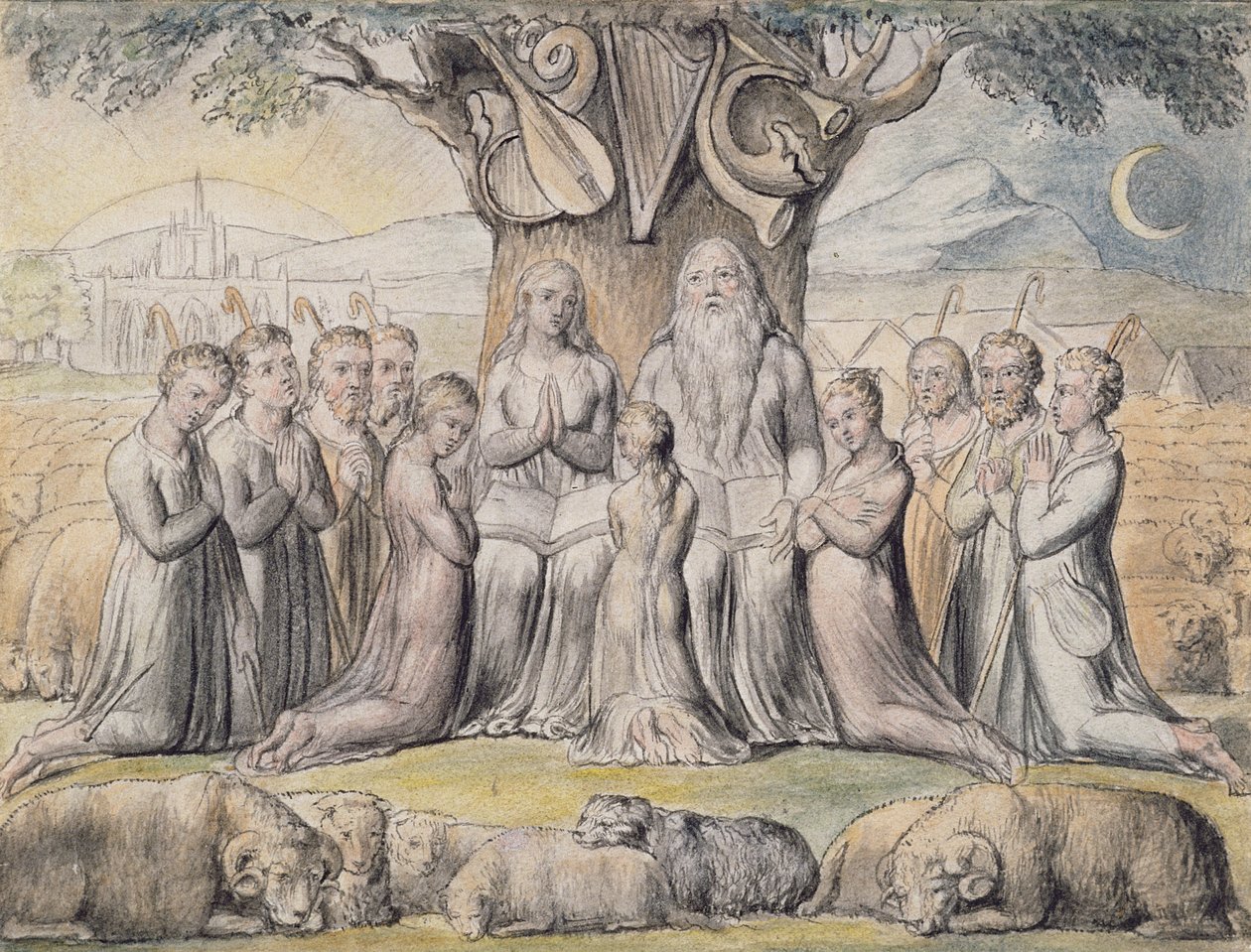 Ilustrações do Livro de Jó, n. 2 (página 1): Jó e sua família, depois de William Blake (1757-1827) (caneta e tinta e wc) de James Thomas Linnell