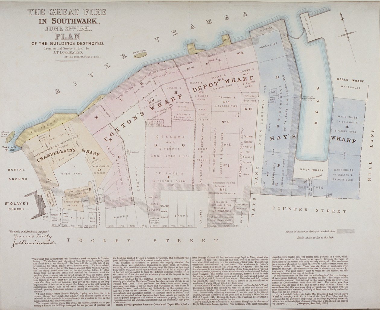 Plano de edifícios destruídos em Chamberlains Wharf, Cottons Wharf e Hays Wharf no Cottons Wharf Fire de 1861 de James Thomas Loveday
