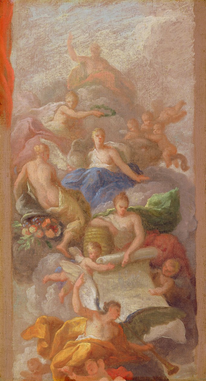 Um esboço de gratidão coroada pela paz, com outras figuras alegóricas de indústria, fama e abundância, c.1712-13 de James Thornhill