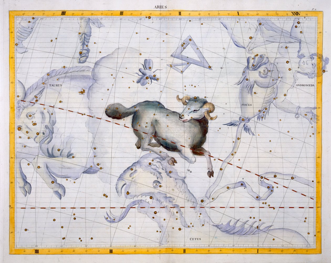Constelação de Áries, placa 4 de &39;Atlas Coelestis&39;, de John Flamsteed (1646-1710), publicada em 1729 (gravura colorida à mão) de James Thornhill