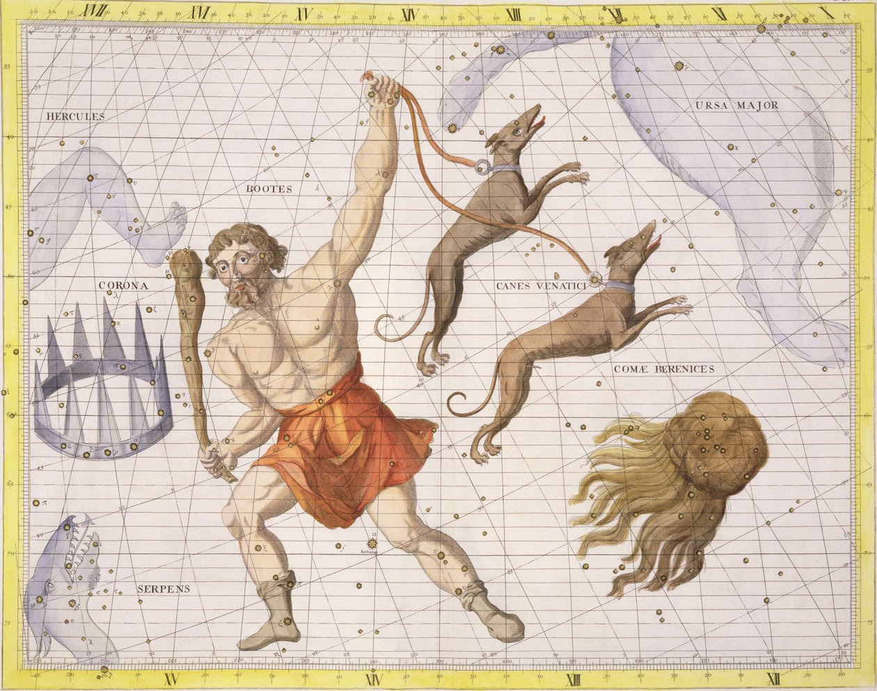 Constelação de Bootes, placa 20 de &39;Atlas Coelestis&39;, de John Flamsteed (1646-1710), publicada em 1729 (gravura colorida à mão) de James Thornhill