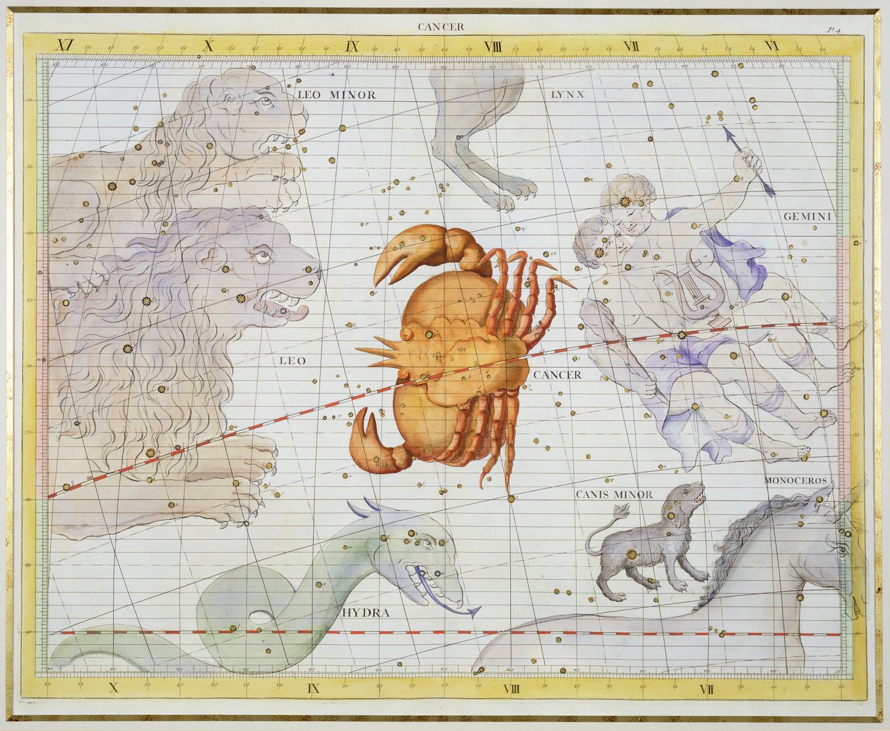 Constelação de Câncer, placa 4 de &39;Atlas Coelestis&39;, de John Flamsteed (1646-1710), publicada em 1729 (gravura colorida à mão) de James Thornhill