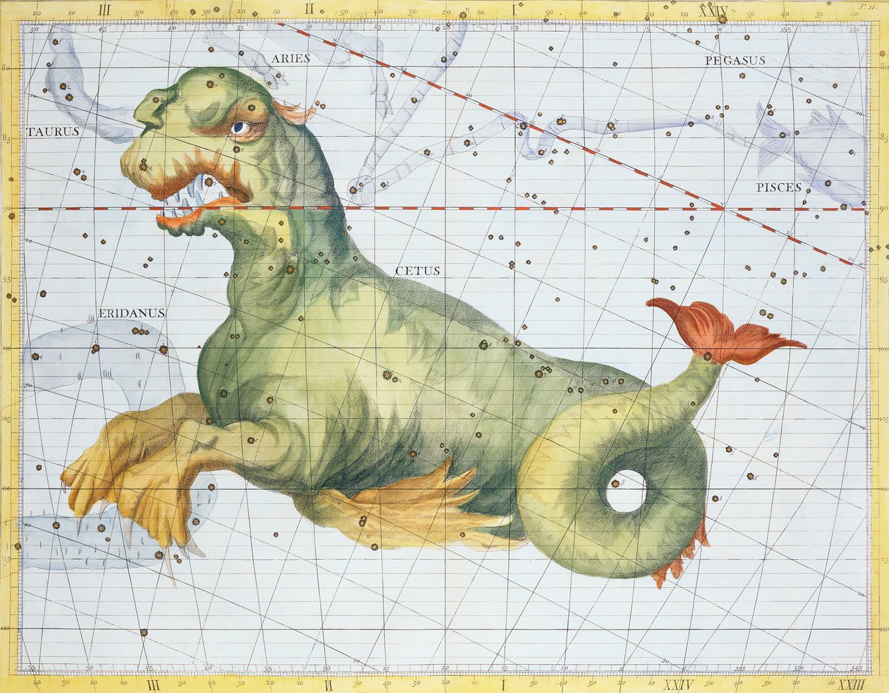Constelação de Cetus a baleia, de &39;Atlas Coelestis&39; por John Flamsteed (1646-1719), pub. em 1729 (gravura colorida à mão) de James Thornhill