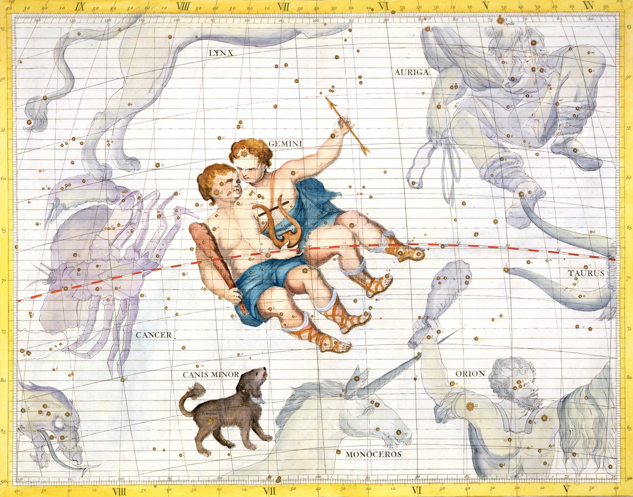 Constelação de Gêmeos com Canis Menor, prato 13 de &39;Atlas Coelestis&39;, de John Flamsteed (1646-1710), publicado em 1729 (gravura colorida à mão) de James Thornhill