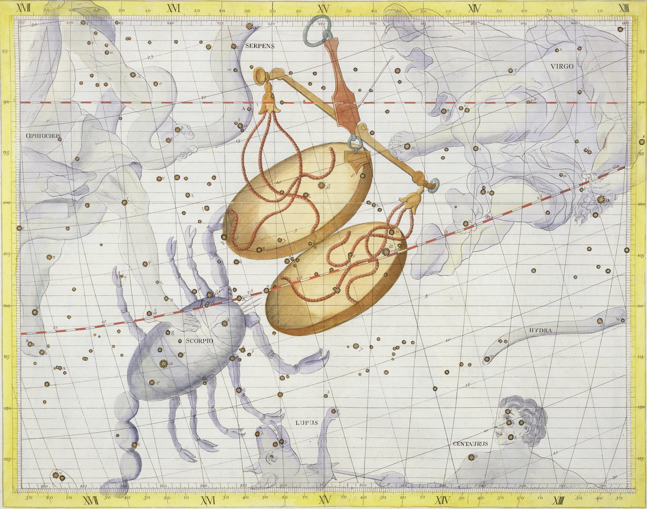 Constelação de Libra, placa 7 de &39;Atlas Coelestis&39;, de John Flamsteed (1646-1710), publicada em 1729 (gravura colorida à mão) de James Thornhill