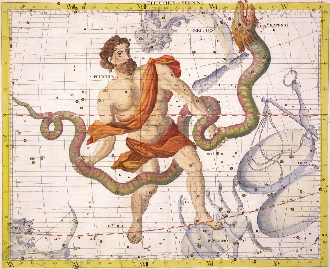 Constelação de Ophiucus e Serpens, prato 22 de "Atlas Coelestis", de John Flamsteed (1646-1710), publicado em 1729 (gravura colorida à mão) de James Thornhill
