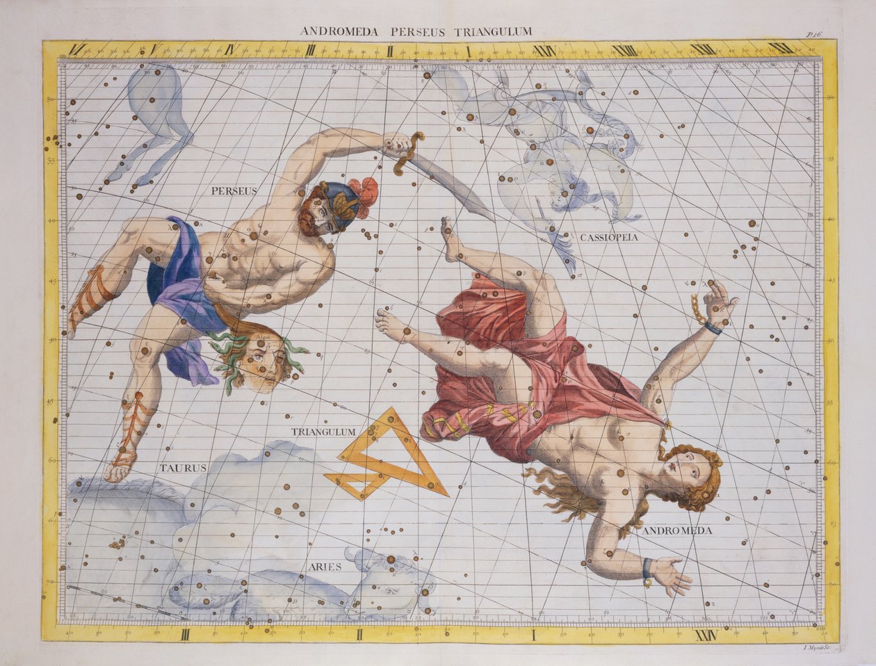 Constelação de Perseu e Andrômeda, de &39;Atlas Coelestis&39;, de John Flamsteed (1646-1719), pub. em 1729 (gravura colorida à mão) de James Thornhill