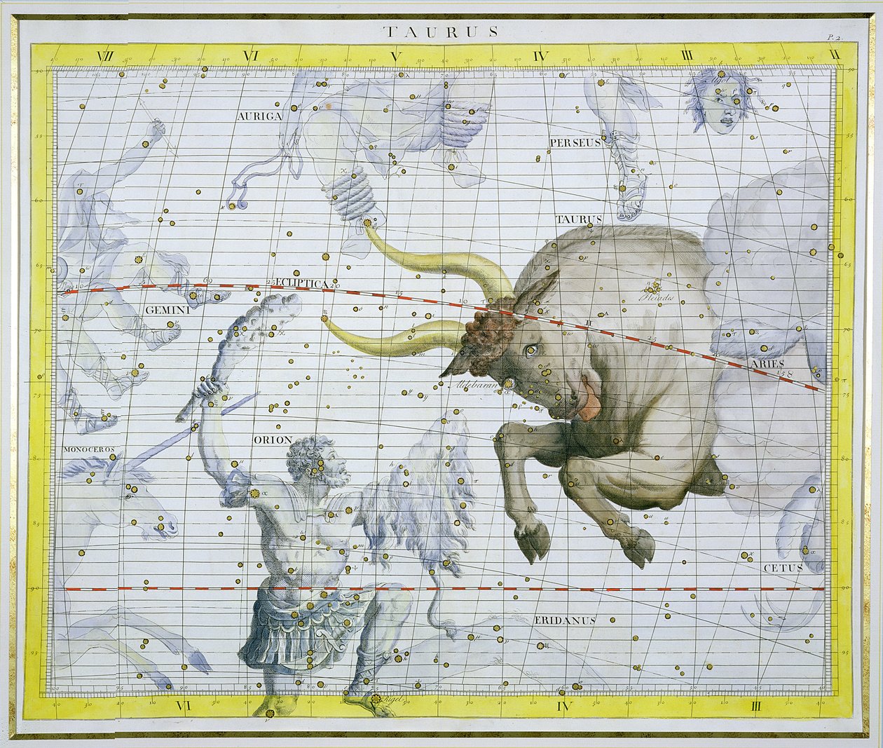 Constelação de Touro, placa 2 de &39;Atlas Coelestis&39;, de John Flamsteed (1646-1710), publicada em 1729 (gravura colorida à mão) de James Thornhill